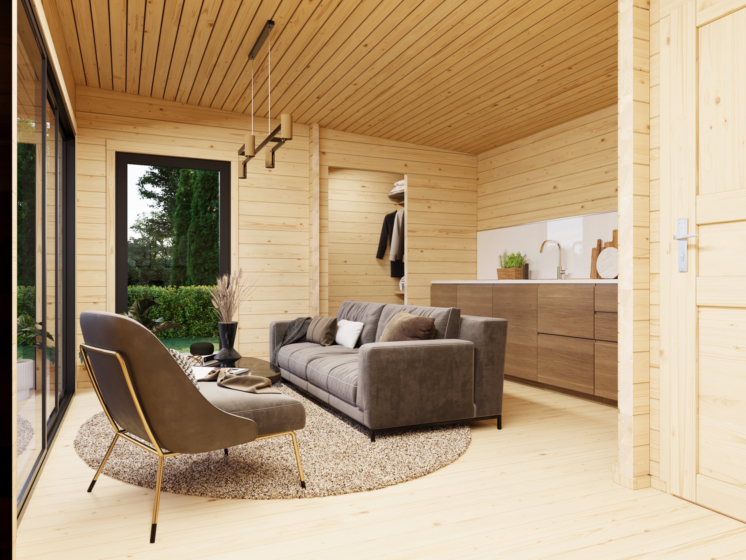 Cecilia 32m2 (8.9x4.2m | 70mm) Kolmeruumiline suvemaja alumiiniumakende ja -ustega