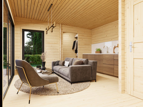 Cecilia 32m2 (8.9x4.2m | 70mm) Kolmeruumiline suvemaja alumiiniumakende ja -ustega