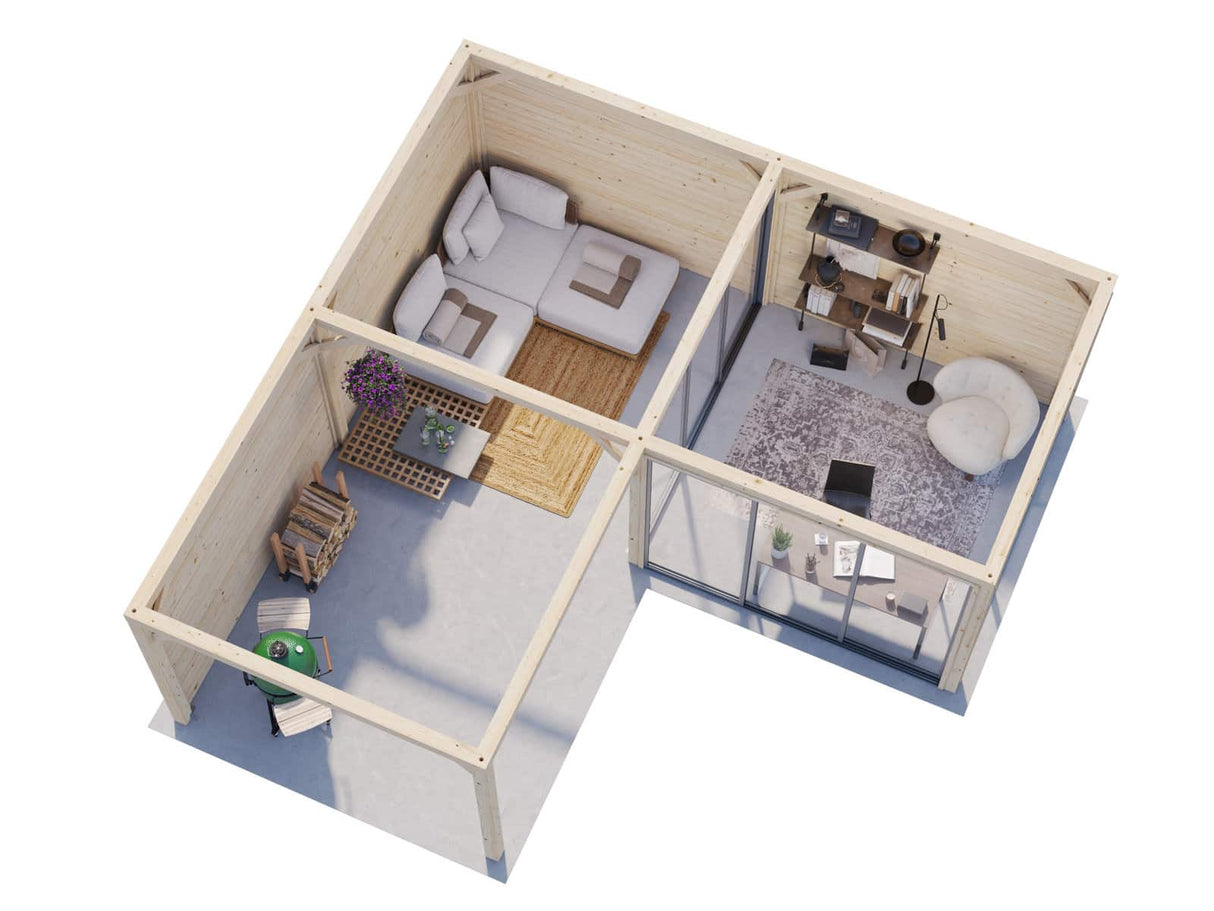 Lenna 24.9m2 Set 412/712 (5.88x5.88m) L-kujuline lamekatusega lükanduste ja varikatusega paviljon