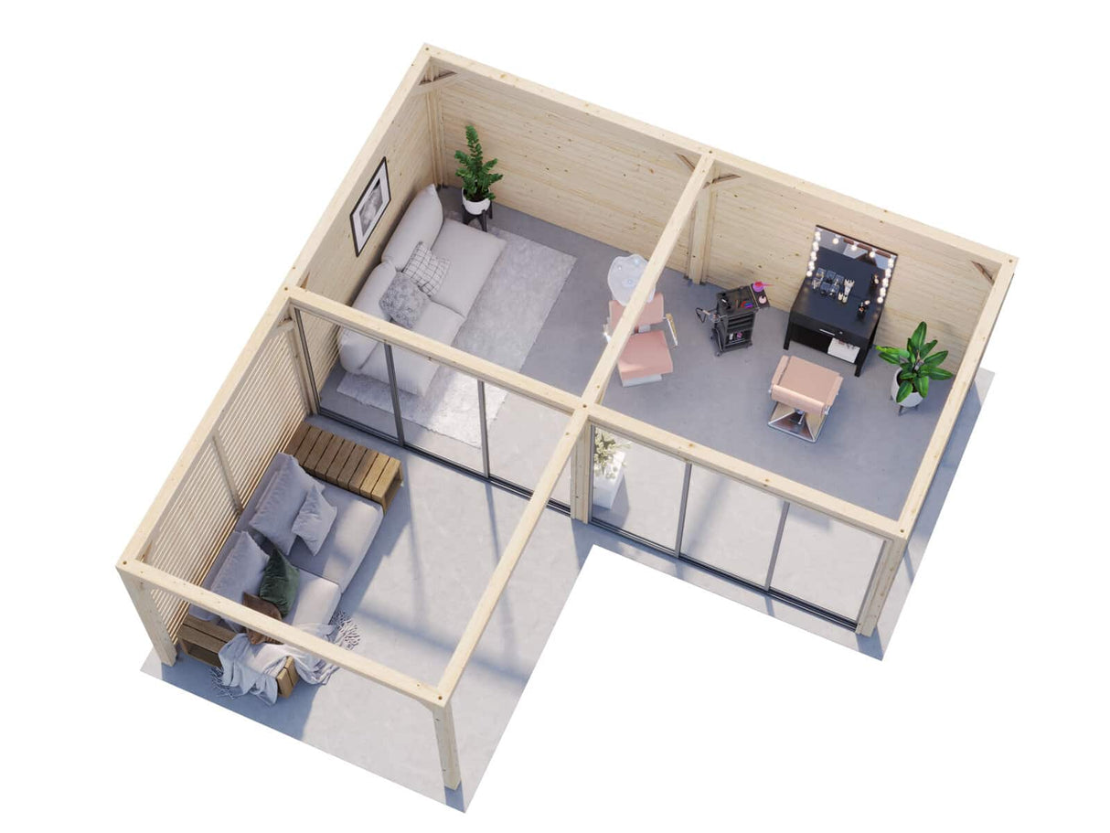 Lenna 24.9m2 Set 414/714 (5.88x5.88m) L-kujuline lamekatusega kolme lükandukse ja võreseinaga paviljon
