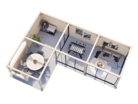 Lenna 33.2m2 Set 421/721 (8.76x5.88m) L-kujuline lamekatuse, nelja lükandukse ja väliköögi osaga paviljon