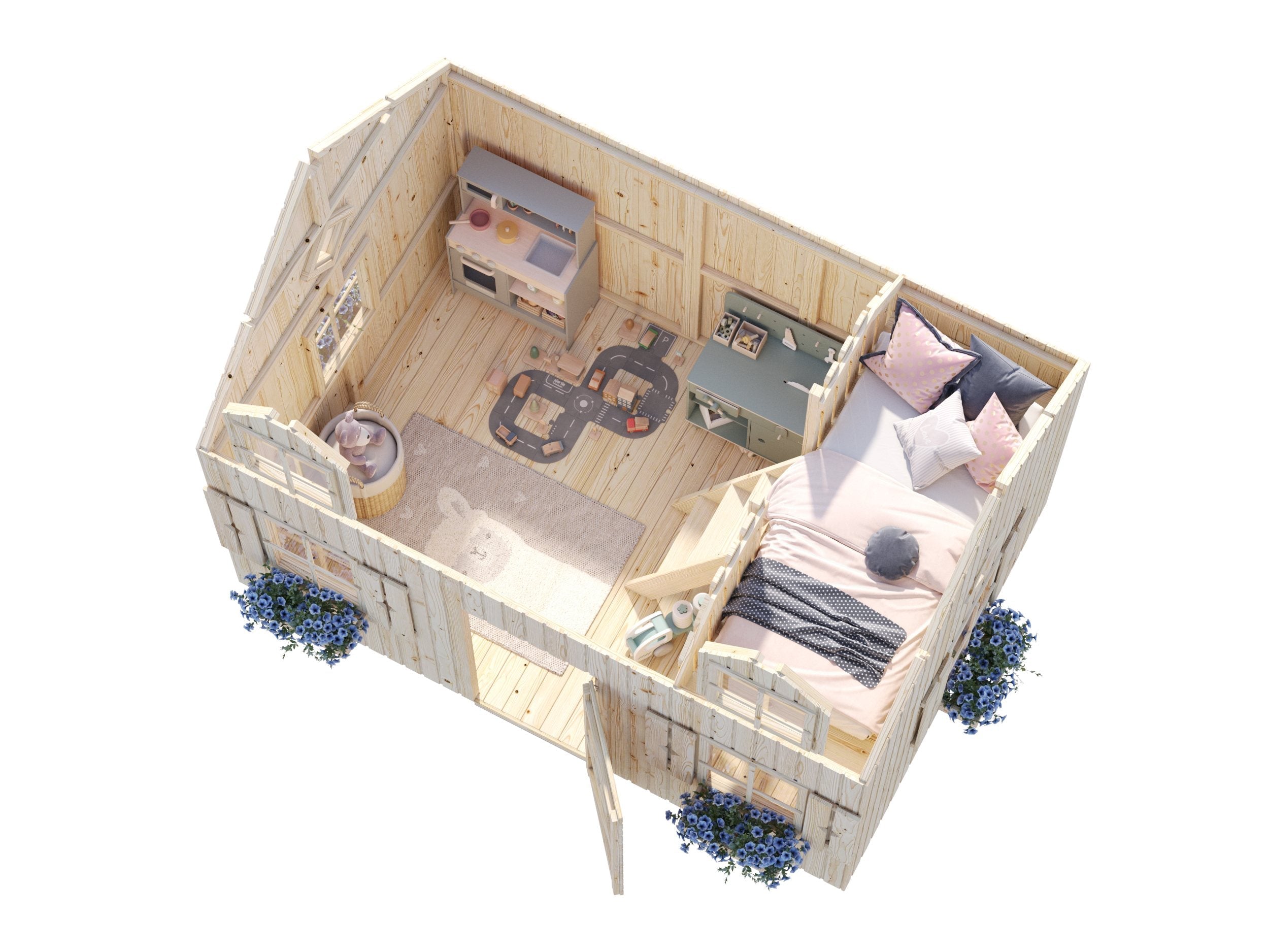 Marie 5.4m2 (2.86x1.93m | 16mm) Valmis seinaelementidest ruumikas mängumaja magamislavatsiga