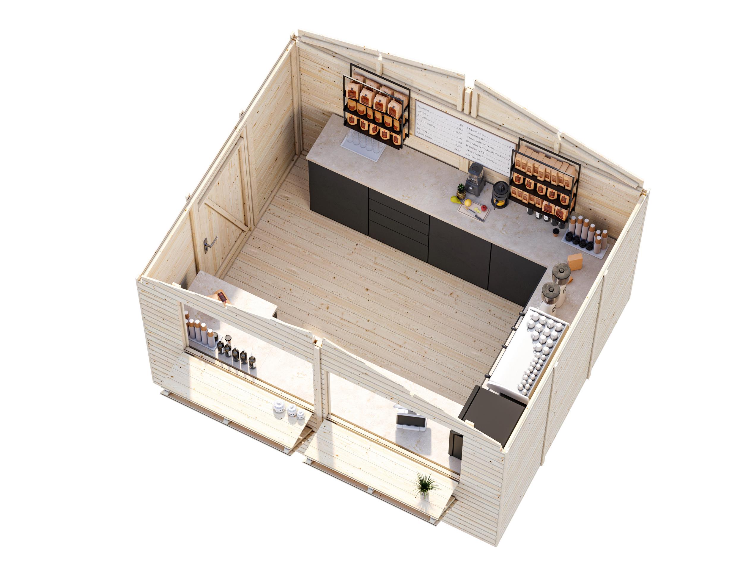 Stella 8.2m2 (3.23x2.59m | 16mm) Valmis seinaelementidest kahe luugiga kiosk