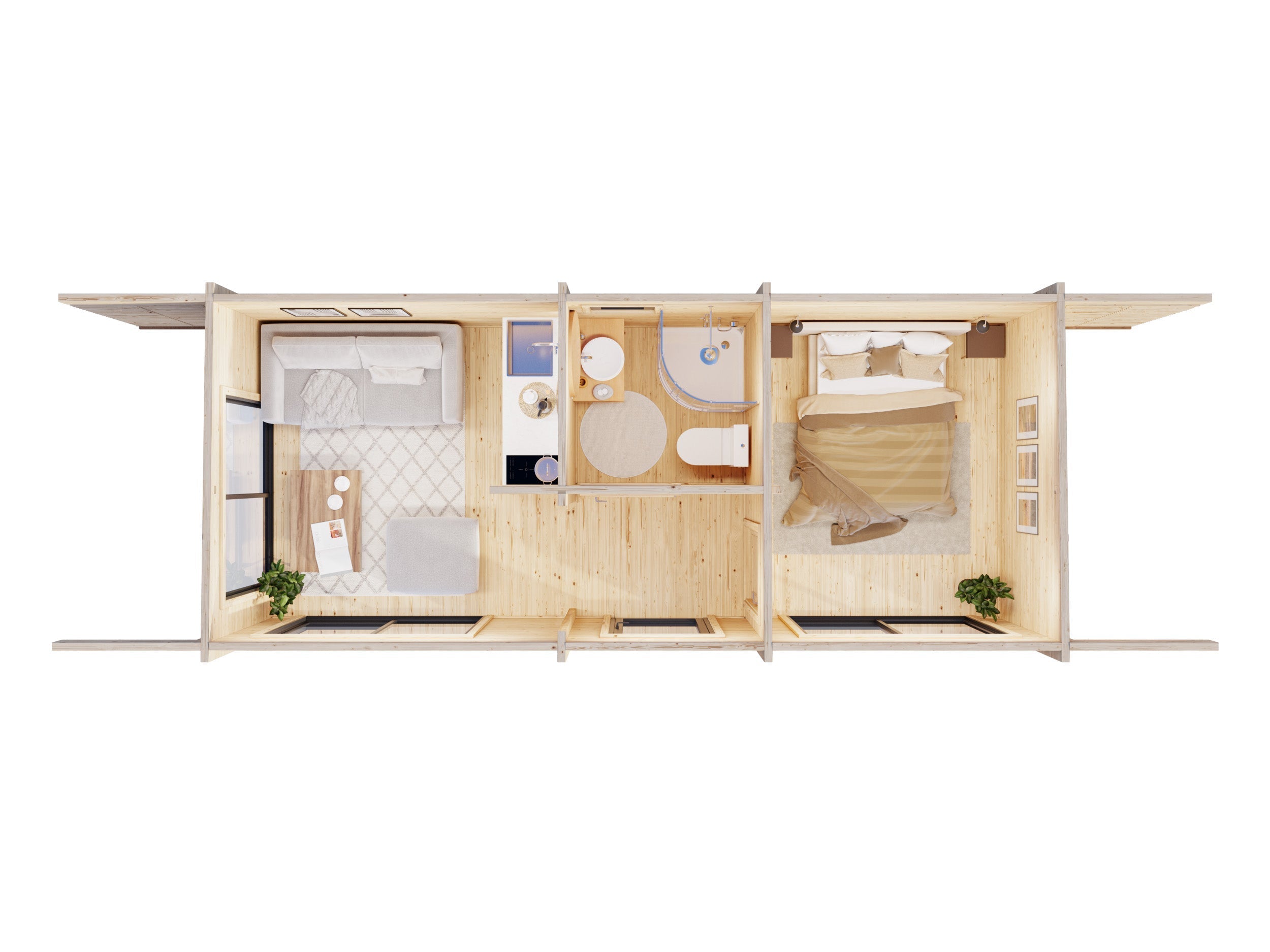Cecilia 21.8m2 (7.6x3.14m | 70mm) Kolmeruumiline suvemaja alumiiniumakende ja -ustega