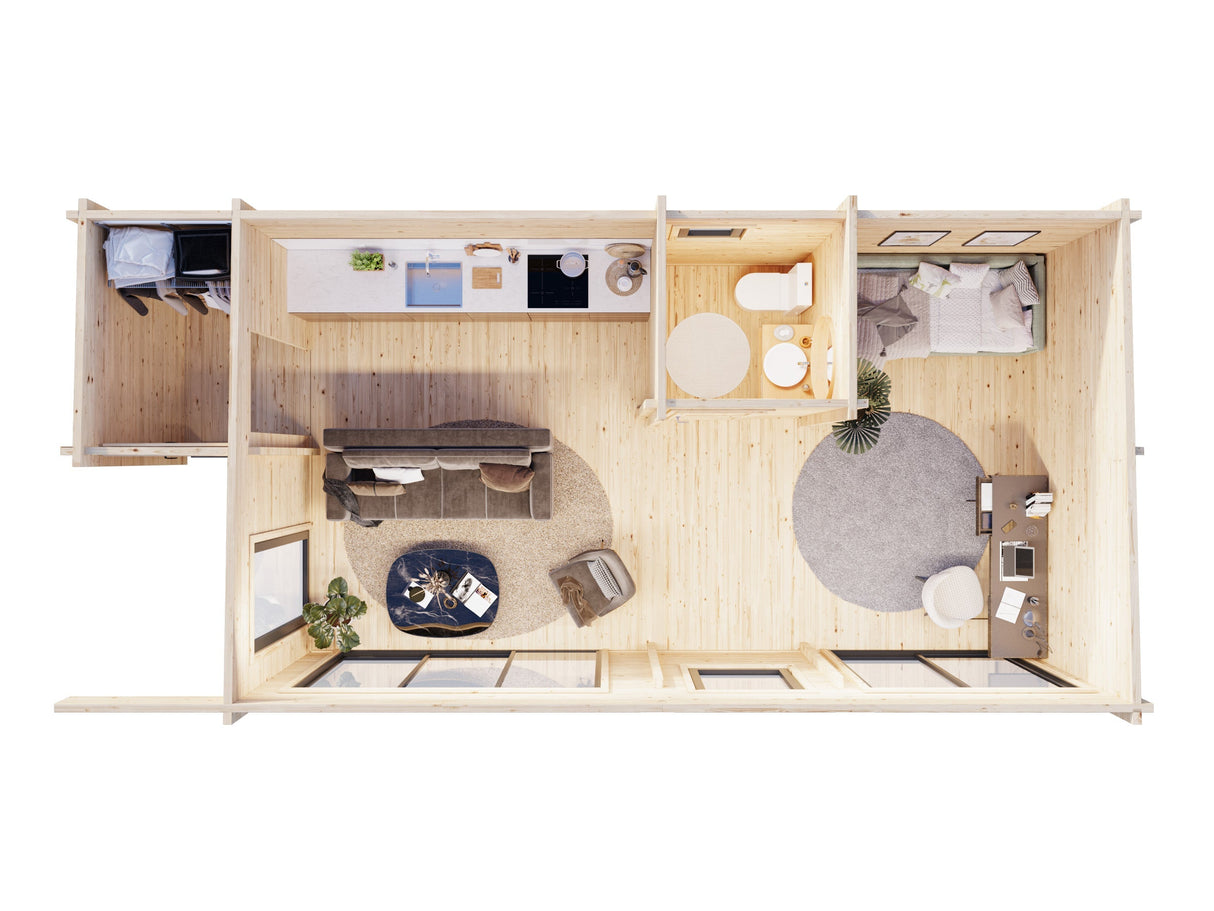Cecilia 32m2 (8.9x4.2m | 70mm) Kolmeruumiline suvemaja alumiiniumakende ja -ustega
