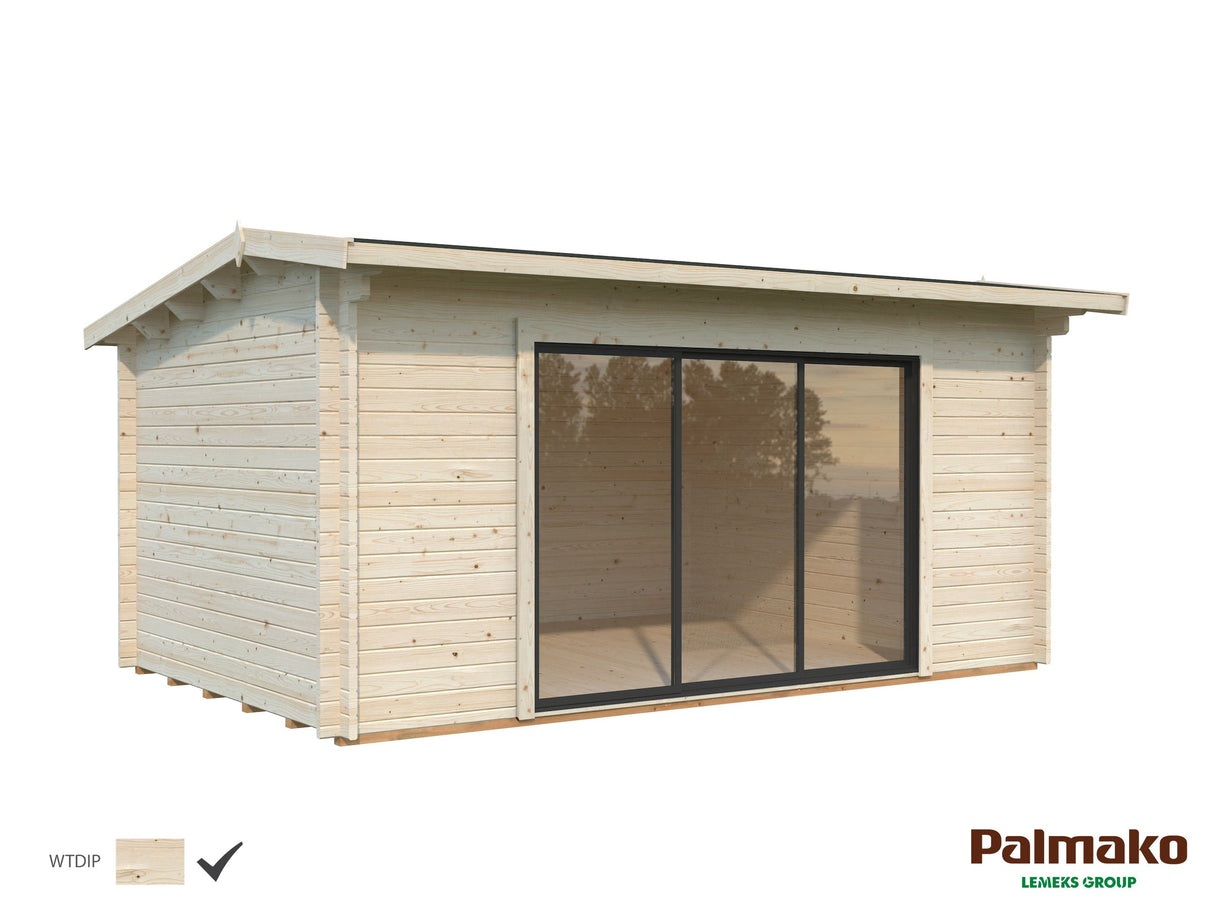 Lea 14.2m2 (4.5x3.3m | 44mm) Kaldkatusega freespruss-aiamaja lükandustega