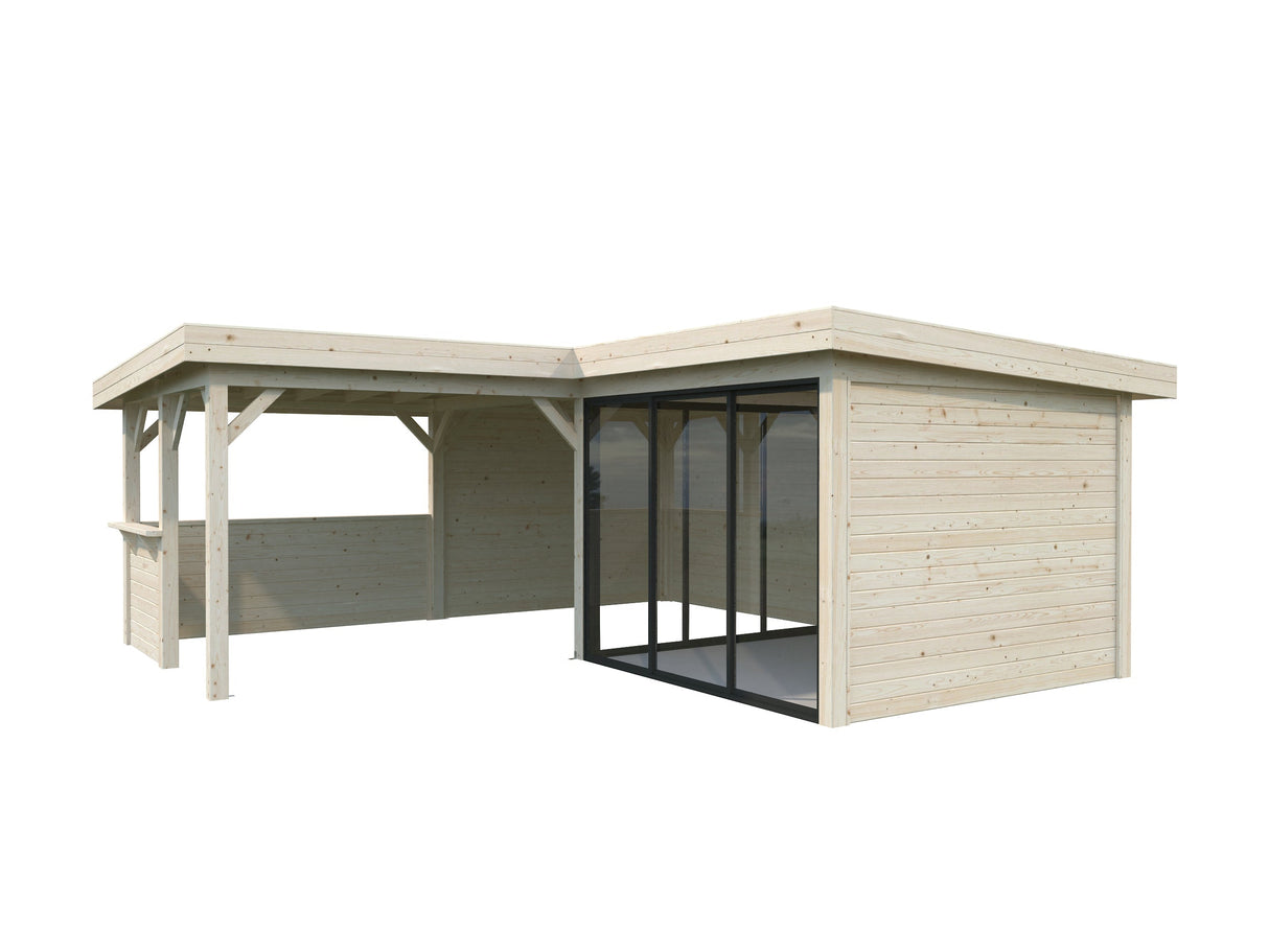 Lenna 24.9m2 Set 409/709 (5.88x5.88m) L-kujuline lamekatusega kahe lükanduksega paviljon väliköögi osaga