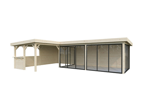Lenna 33.2m2 Set 421/721 (8.76x5.88m) L-kujuline lamekatuse, nelja lükandukse ja väliköögi osaga paviljon
