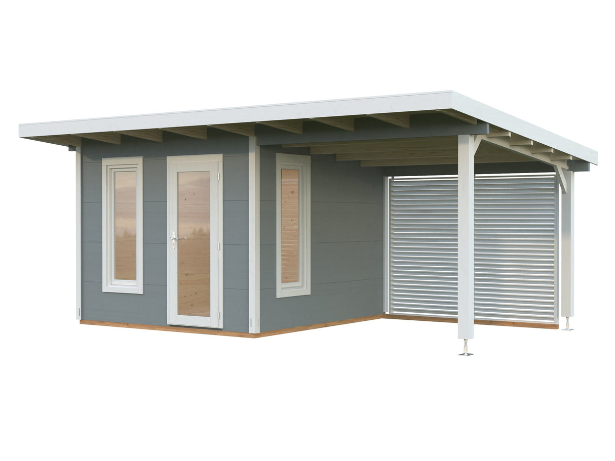 Grace 8.1+8.1m2 5.6x2.9m | 56mm) Liimpuitelementidest aiamaja koos varikatusega