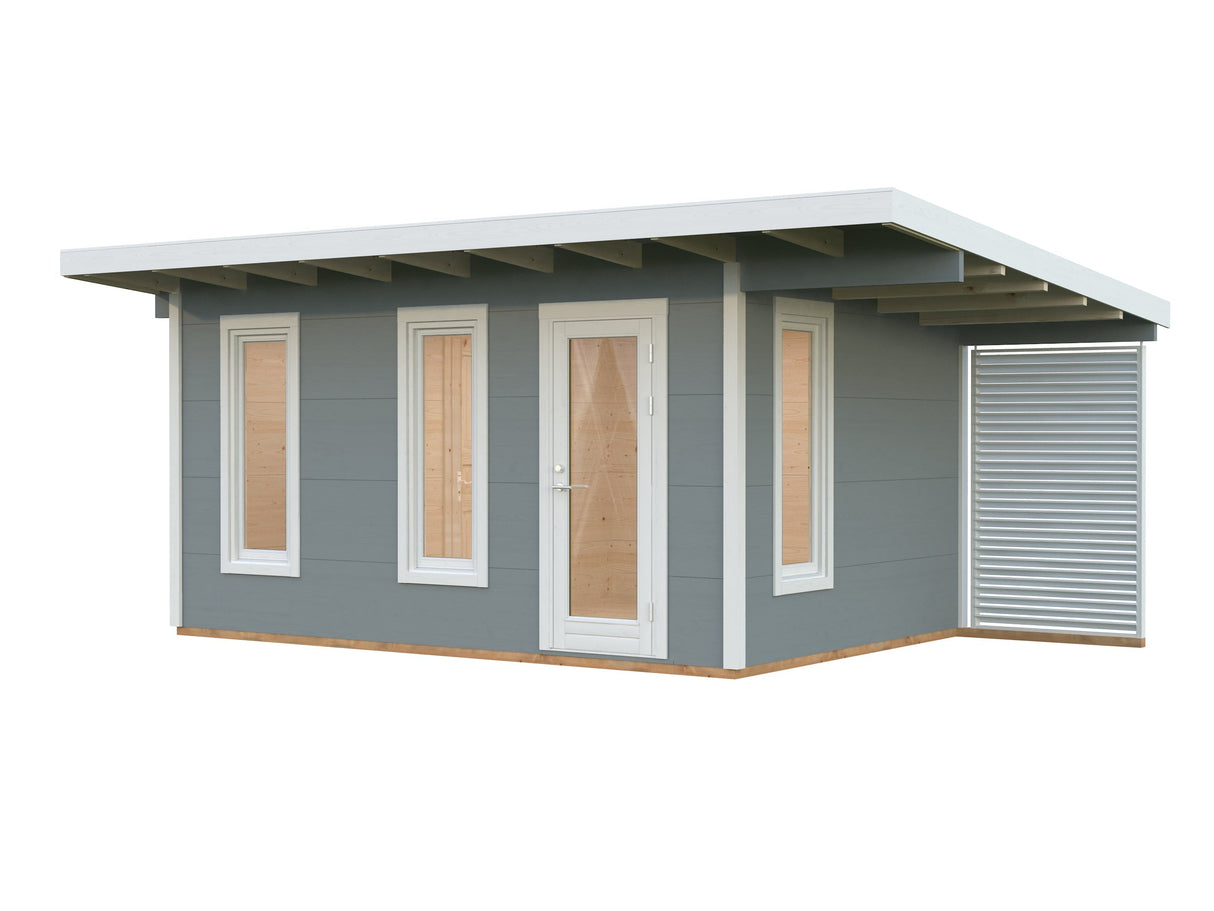 Grace 12.4+4.1m2 (4.45x2.9m | 56mm) Liimpuitelementidest aiamaja pisikese varikatusega