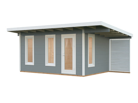 Grace 12.4+4.1m2 (4.45x2.9m | 56mm) Liimpuitelementidest aiamaja pisikese varikatusega