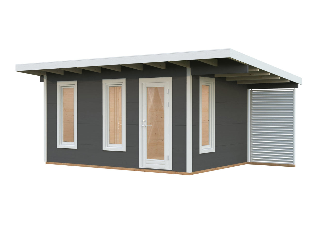 Grace 12.4+4.1m2 (4.45x2.9m | 56mm) Liimpuitelementidest aiamaja pisikese varikatusega