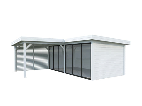 Lenna 24.9m2 Set 413/713 (5.88x5.88m) L-kujuline lamekatusega kahe lükandukse ja võreseinaga paviljon