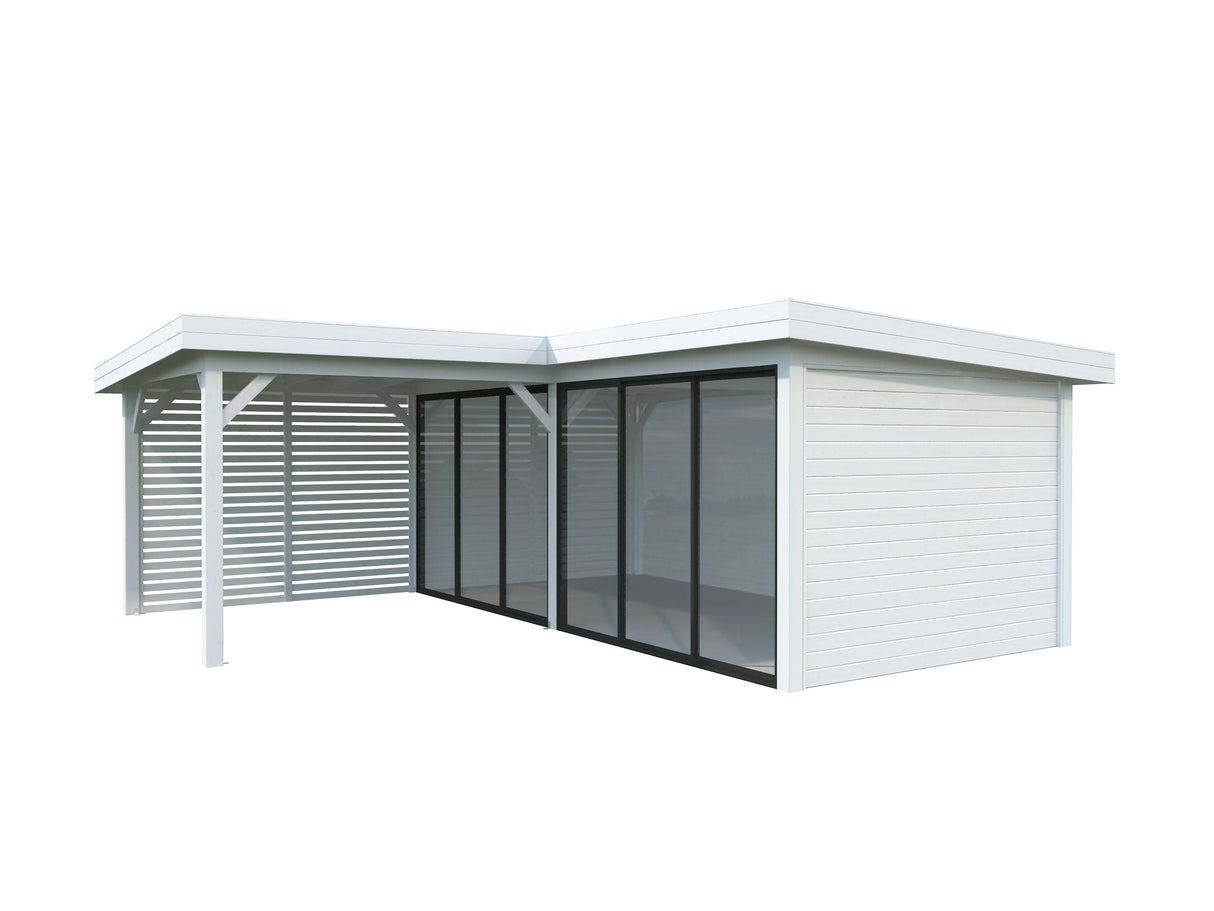 Lenna 24.9m2 Set 413/713 (5.88x5.88m) L-kujuline lamekatusega kahe lükandukse ja võreseinaga paviljon