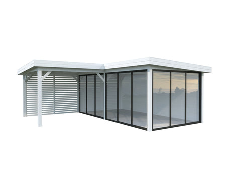 Lenna 24.9m2 Set 414/714 (5.88x5.88m) L-kujuline lamekatusega kolme lükandukse ja võreseinaga paviljon