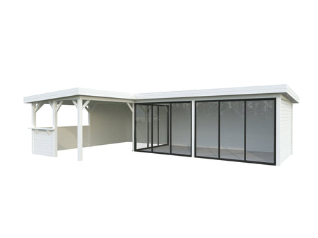 Lenna 33.2m2 Set 420/720 (8.76x5.88m) L-kujuline lamekatuse, kolme lükandukse ja väliköögi osaga paviljon
