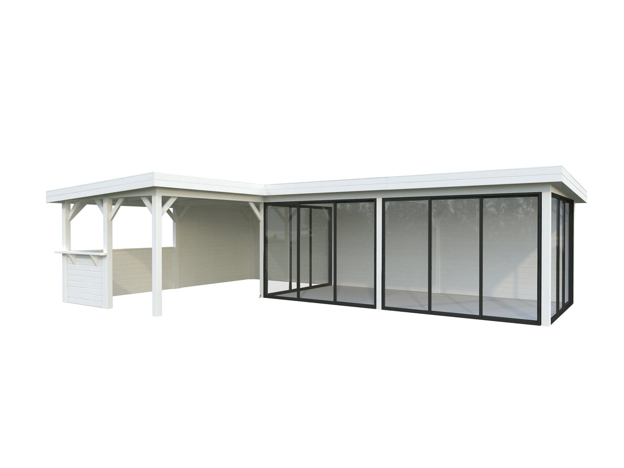 Lenna 33.2m2 Set 421/721 (8.76x5.88m) L-kujuline lamekatuse, nelja lükandukse ja väliköögi osaga paviljon