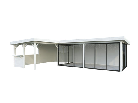 Lenna 33.2m2 Set 421/721 (8.76x5.88m) L-kujuline lamekatuse, nelja lükandukse ja väliköögi osaga paviljon