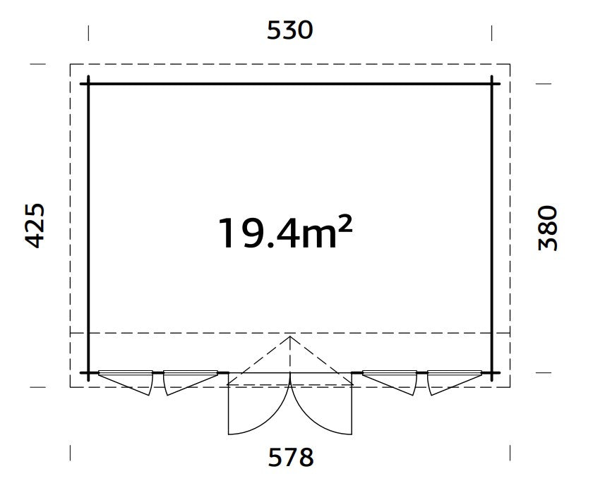 Claudia Pent 19.4m2 (5.3x3.8m | 44mm) Kellakastiga suur freespruss-aiamaja alla 2.5 m