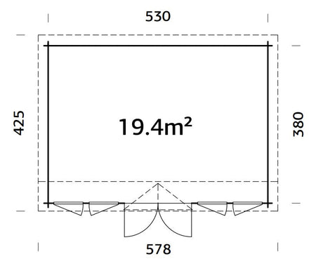 Claudia Pent 19.4m2 (5.3x3.8m | 44mm) Kellakastiga suur freespruss-aiamaja alla 2.5 m