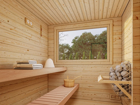 Sanna 11.5m2 (4.8x3.2m | 44mm) Kolmetoaline freesprussist saunamajake
