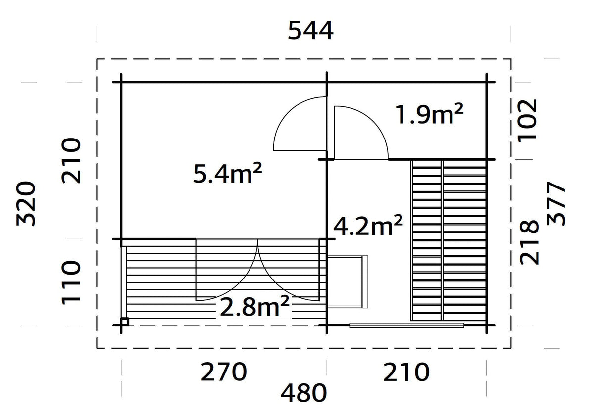 Sanna 11.5m2 (4.8x3.2m | 44mm) Kolmetoaline freesprussist saunamajake