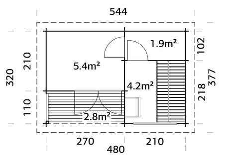 Sanna 11.5m2 (4.8x3.2m | 44mm) Kolmetoaline freesprussist saunamajake