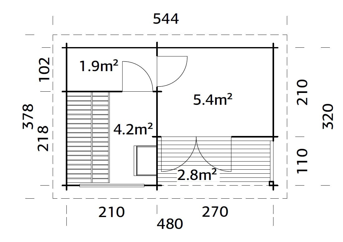 Sanna 11.5m2 (4.8x3.2m | 44mm) Kolmetoaline freesprussist saunamajake