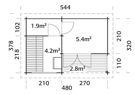 Sanna 11.5m2 (4.8x3.2m | 44mm) Kolmetoaline freesprussist saunamajake
