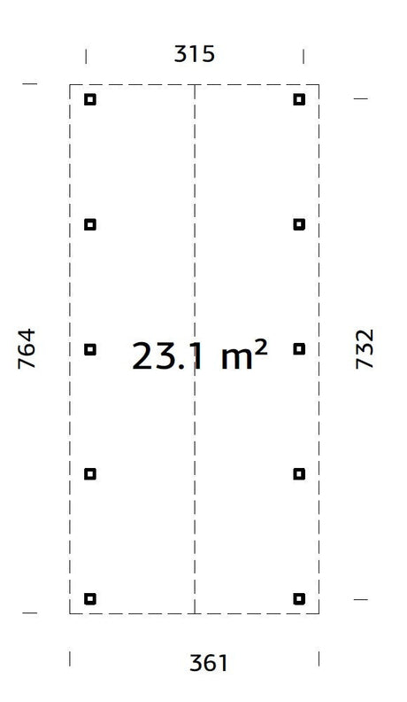 Robert 23.1m2 (3.15x7.32m) Viilkatusega autovarjualune