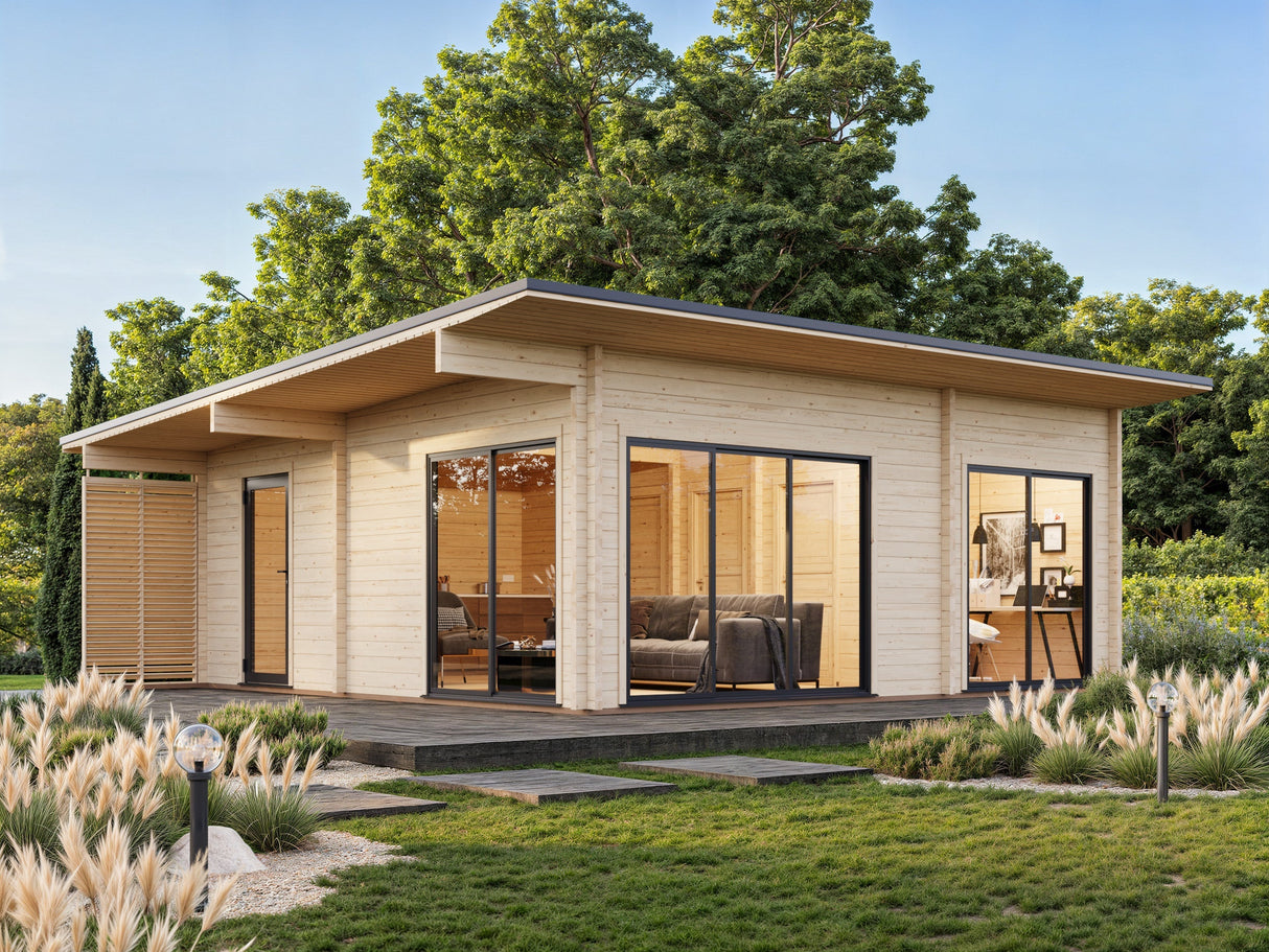 Cecilia 39,9 m² (6,7x6,7 m | 70 mm) Modernne 2 magamistoaga palkidest aiamaja