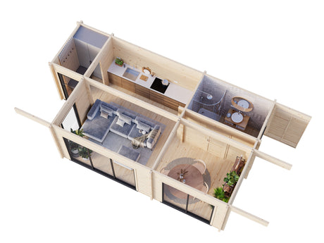 Cecilia L2 27,3 m² (7,9x4,4 m | 70 mm) Modernne palkidest aiamaja alumiiniumuste ja -akendega