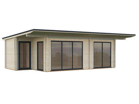 Cecilia L2 27,3 m² (7,9x4,4 m | 70 mm) Modernne palkidest aiamaja alumiiniumuste ja -akendega