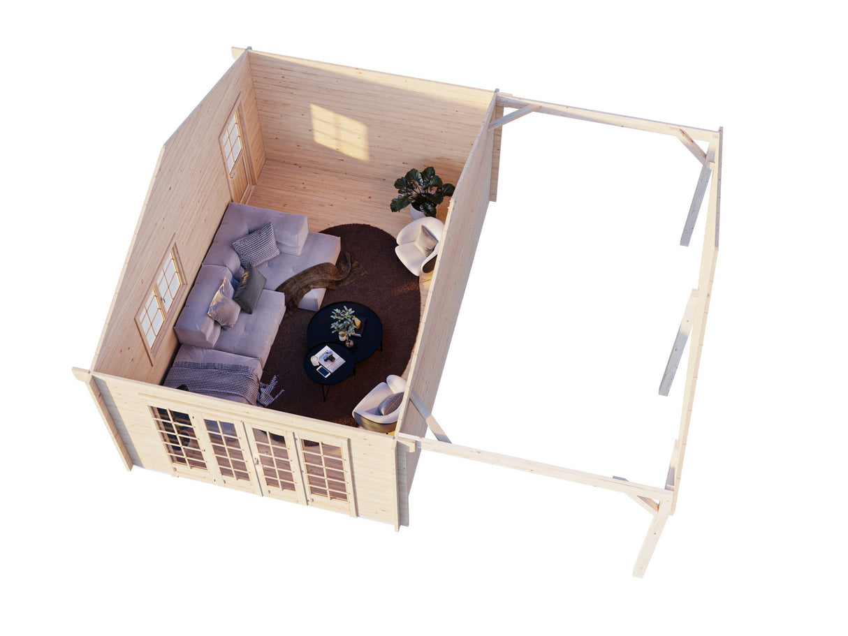 Irene 19+16.2m2 (6.53x5.5m | 44mm) Freespruss-aiamaja varikatusega