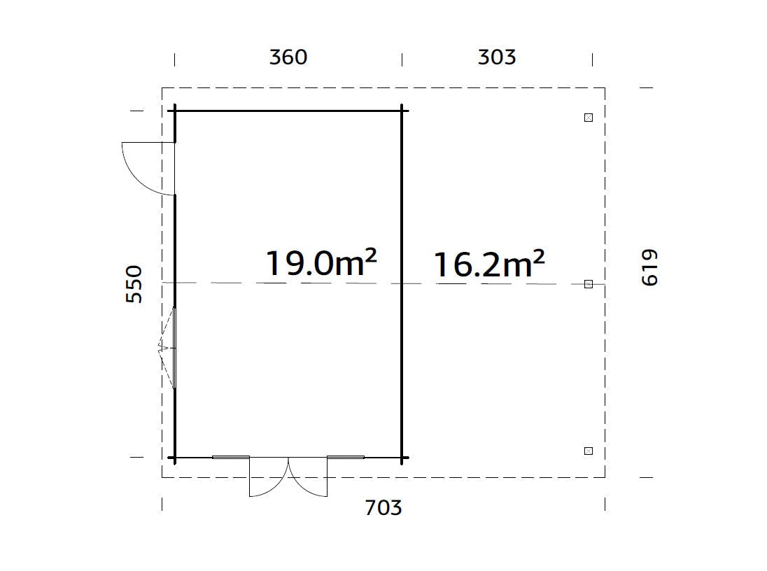 Irene 19+16.2m2 (6.53x5.5m | 44mm) Freespruss-aiamaja varikatusega