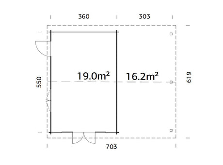 Irene 19+16.2m2 (6.53x5.5m | 44mm) Freespruss-aiamaja varikatusega