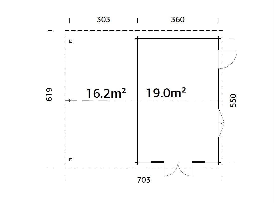 Irene 19+16.2m2 (6.53x5.5m | 44mm) Freespruss-aiamaja varikatusega