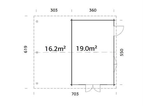 Irene 19+16.2m2 (6.53x5.5m | 44mm) Freespruss-aiamaja varikatusega