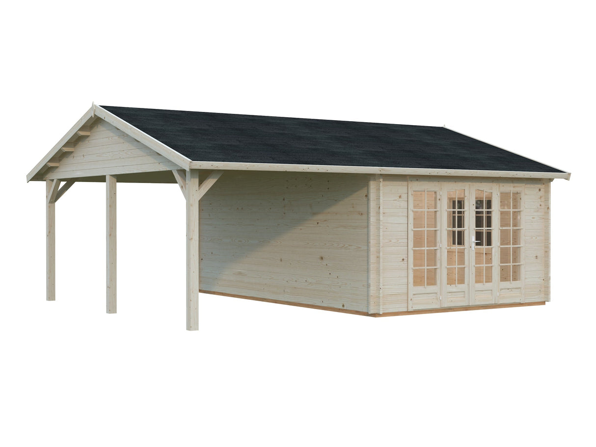 Irene 19+16.2m2 (6.53x5.5m | 44mm) Freespruss-aiamaja varikatusega