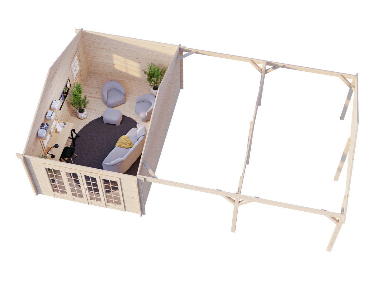 Irene 19+33.2m2 (9.56x5.5m | 44mm) Freespruss-aiamaja suure varikatusega
