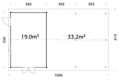 Irene 19+33.2m2 (9.56x5.5m | 44mm) Freespruss-aiamaja suure varikatusega