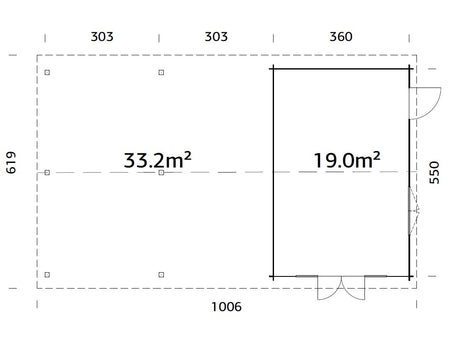 Irene 19+33.2m2 (9.56x5.5m | 44mm) Freespruss-aiamaja suure varikatusega