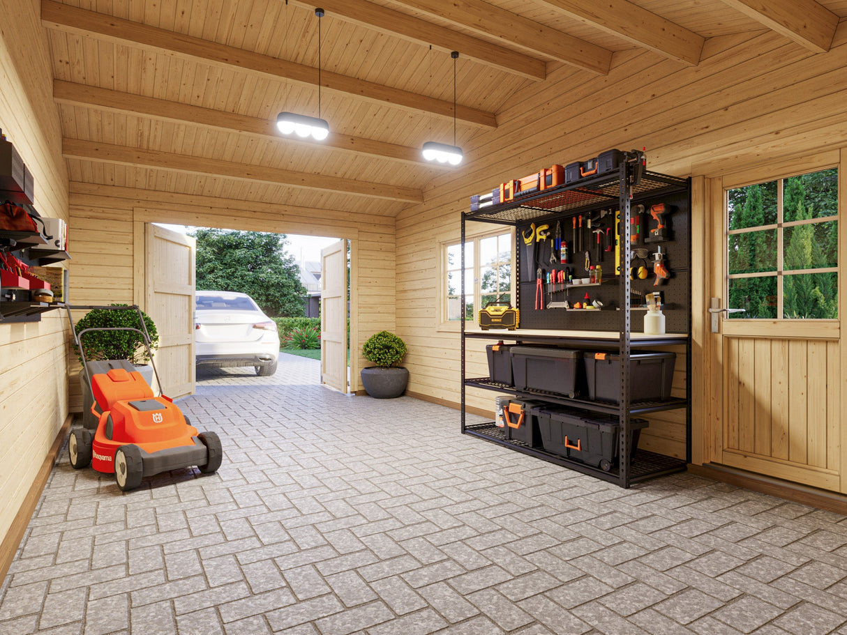 Roger 19+16.2m2 (6.53x5.5m | 44mm) autovarjualusega freespruss-garaaž puidust ustega