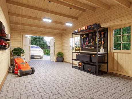 Roger 19+16.2m2 (6.53x5.5m | 44mm) autovarjualusega freespruss-garaaž puidust ustega
