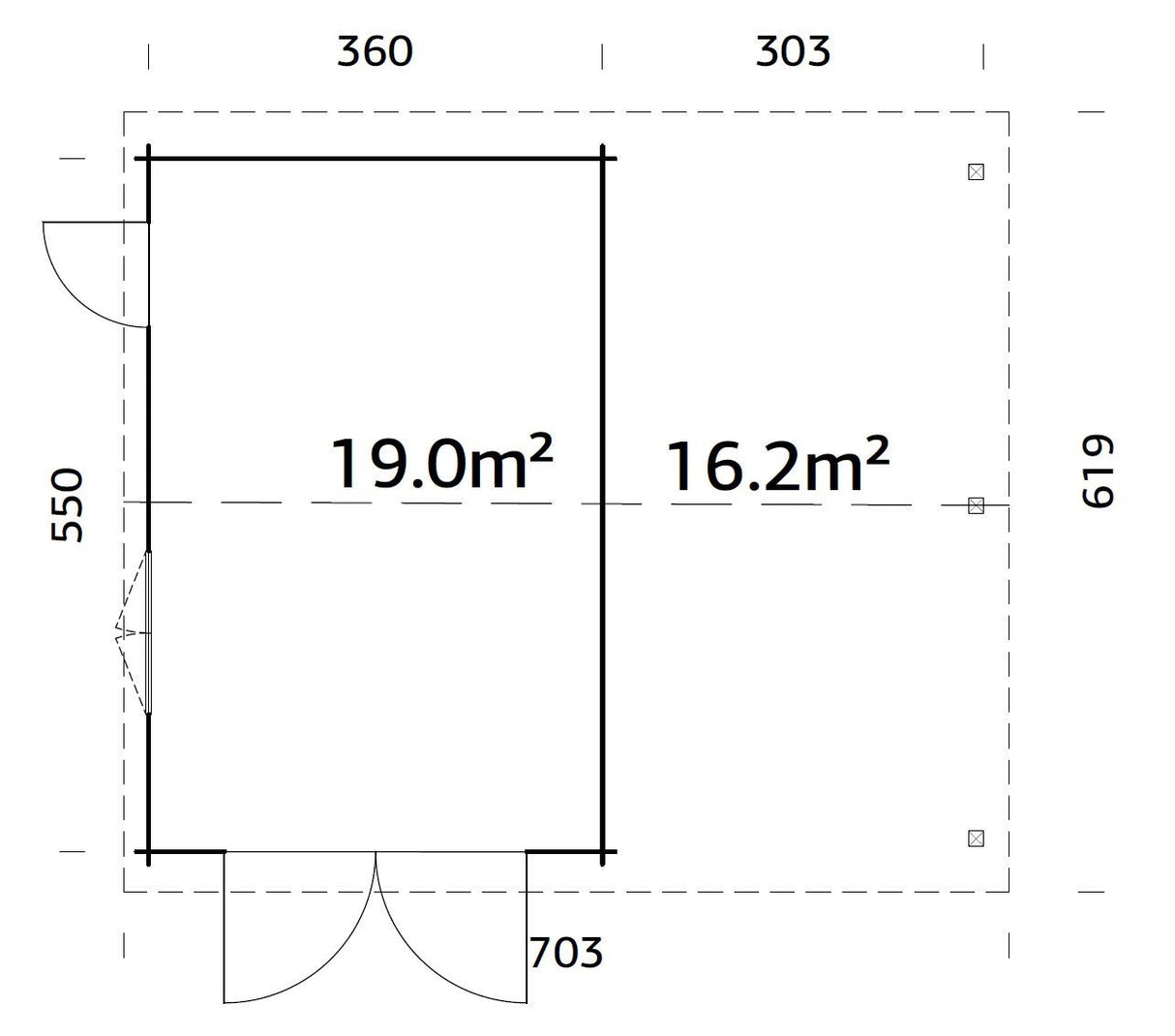 Roger 19+16.2m2 (6.53x5.5m | 44mm) autovarjualusega freespruss-garaaž puidust ustega