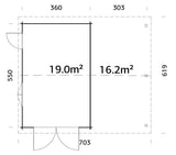Roger 19+16.2m2 (6.53x5.5m | 44mm) autovarjualusega freespruss-garaaž puidust ustega