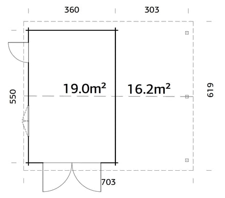 Roger 19+16.2m2 (6.53x5.5m | 44mm) autovarjualusega freespruss-garaaž puidust ustega