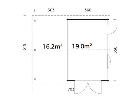 Roger 19+16.2m2 (6.53x5.5m | 44mm) autovarjualusega freespruss-garaaž puidust ustega