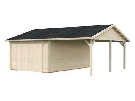 Roger 19+16.2m2 (6.53x5.5m | 44mm) autovarjualusega freespruss-garaaž puidust ustega