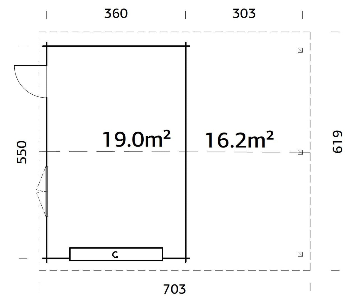 Roger 19+16.2m2 (6.53x5.5m | 44mm) Varjualusega freespruss-garaaž sektsioonuksega